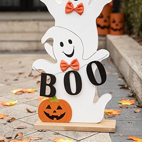 Glitzhome 37.5'H Halloween Wooden Stacked Ghost Porch Sign, Farmhouse Ghost Standing Decor with Base, Rustic Welcome Sign for Home Party Decor - Image 5