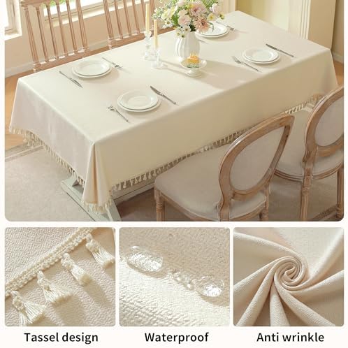 White Linen Tablecloth Spillproof Tassel Table Cover 55x70 Rectangle - Image 2