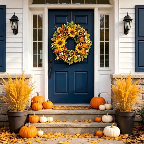Sunflower Wreath, 24 In Fall Harvest Wreath with Large Yellow Sunflowers, White Daisy, Orange Mums, Eucalyptus Leaves, Autumn Foliage & Grain Stems for Front Door, Farmhouse Porch Autumn Decor - Image 5