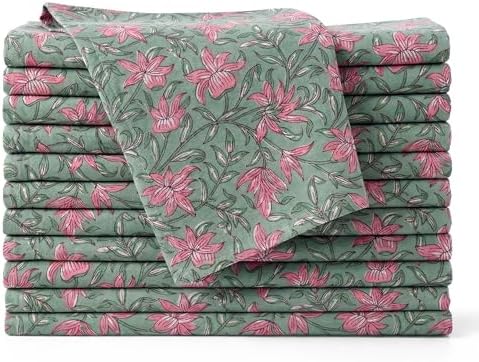 Floral Cloth Napkins Set of 12,Block Print Inspired 100% Cotton Dinner Napkins for Thanksgiving,Christmas & Fall Decor,Washable Reusable Wedding Table Linens,18x18 Inch, Soft Green Floral by IVYHERITAGE