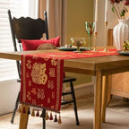 Chinese Red Jacquard Table Runner with Fu Character Festive Tassel Table Cloth Bed Scarf for Lunar New Year Wedding Party Decor (Red, 13 "x82 ) - Image 2