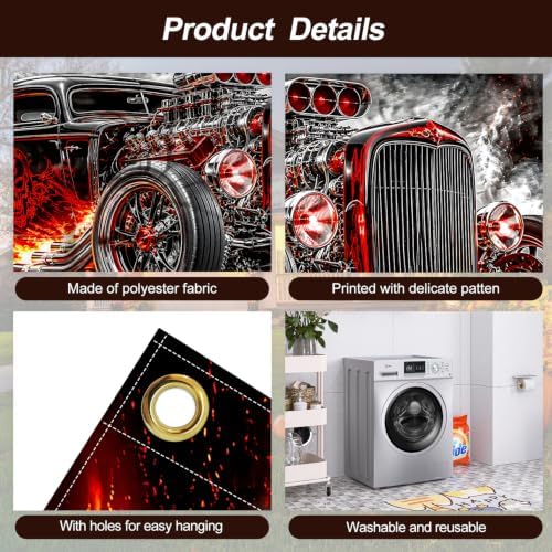 Vintage Hot Rod Garage Door Banner 7x16ft, Heavy Metal Muscle Car Outdoor Decoration, Flaming Skull Racing Car Double Garage Door Cover Tapestry Mural for House Front Man Cave Decor Accent - Image 4
