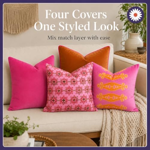 Pink Patterned Decorative Throw Pillow Covers, Set of 4, 18x18 Inch Bold Boho Accent Pillow Cover 4 Pack - Image 7