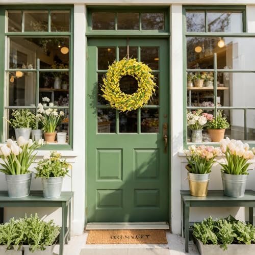 idyllic 22 Inch Spring Yellow Forsythia Leaf Wreath, for Front Door Window Porch Living Room Mantel Farmhouse Spring Home Decor Gift - Image 4