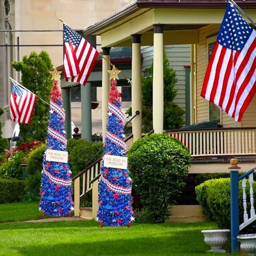 4th of July 5 Ft Artificial Christmas Tree Pop-Up Collapsible Pencil Christmas Trees with 100 Color for Indoor Outdoor Independence Day Patriotic Party Decorations (red Blue) - Image 4