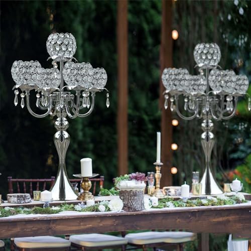 Silver 5 Arms 22.5 Inch Crystal Exquisite Candle Holder with Pendant, Elegant Table Decoration Home Decor for Restaurant Party Birthday Wedding Date - Image 4