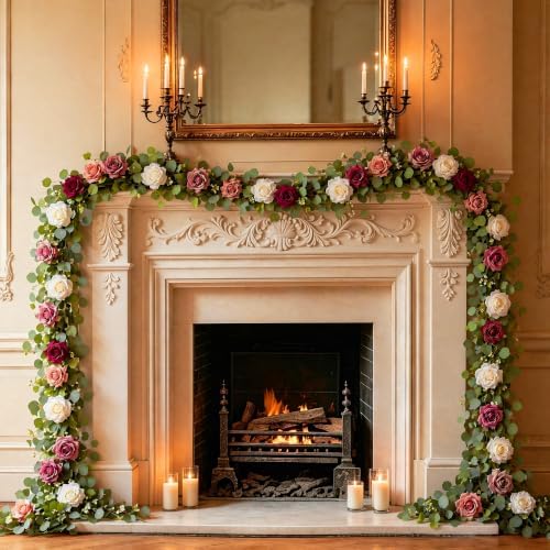 Aneco 2‑Pack 6 Ft Wine Red Artificial Eucalyptus Rose Garland Vine - Image 5