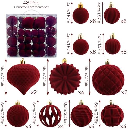 48 Pcs Velvet Christmas Ball Ornaments,Flocked Christmas Tree Decorations,Xmas Tree Decor,Hanging Balls Ornaments with Loop,Decoration for Xmas,Holiday,Wedding,Home Decor,Multi-Shape (Burgundy) - Image 2