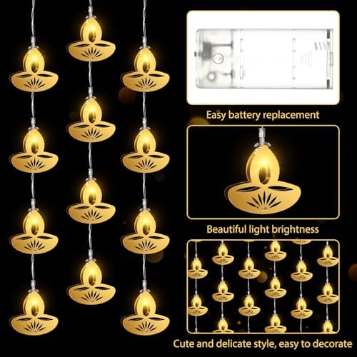Riakrum 3 Pcs 6.56 ft Diwali String Lights Decorative Flame Shaped Lamps 10 LED Lights Window Wall Curtain Diwali Decorations for Home Bedroom Indian Wedding Party Christmas Indoor Outdoor - Image 3