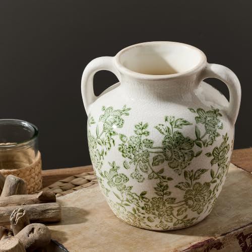 Ceramic Vase with Handles, Vintage Utensil Holder, Flower Decorative Vase Chinoiserie Decor Rustic Farmhouse Retro Floral Vases for Table Bookshelf Mantel Kitchen Living Room Office - 6.7” Green 018 by ooit
