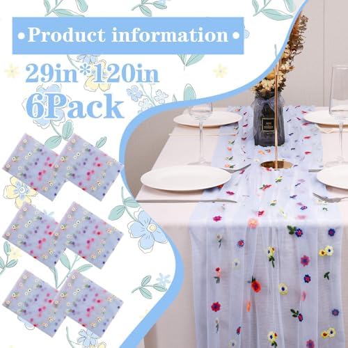 6PCS Blue Floral Table Runner 10 FT, Embroidery Daisy Table Runners Seasonal Spring Summer Sheer Tulle Dining Table Decor for Home Party Birthday Decor 29x120 Inch ﻿ - Image 2