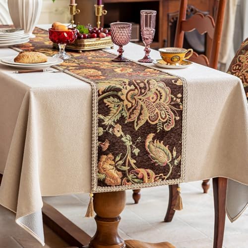 Floral Embroidered Table Runner 72 Inches Long Vintage Dresser Scarf, Brown - Image 5