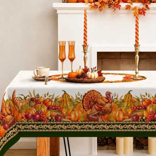 Rectangle Fall Tablecloth 60x120 Inch, Thanksgiving Autumn Harves Turkey Pumpkin Table Cloth, Waterproof Wrinkle Resistant Table Cover for Fall Decorations Decor by Unknown
