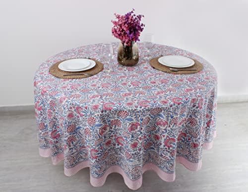 Ridhi Hand Block Print Round Tablecloth Flamingo Pink 132 Inch 100% Cotton - Image 4