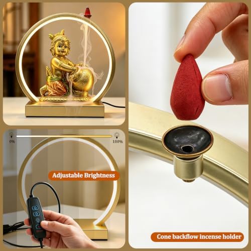 Lord Baby Krishna Murti W/ USB LED Diwali Light & Backflow Incense Burner - Image 3