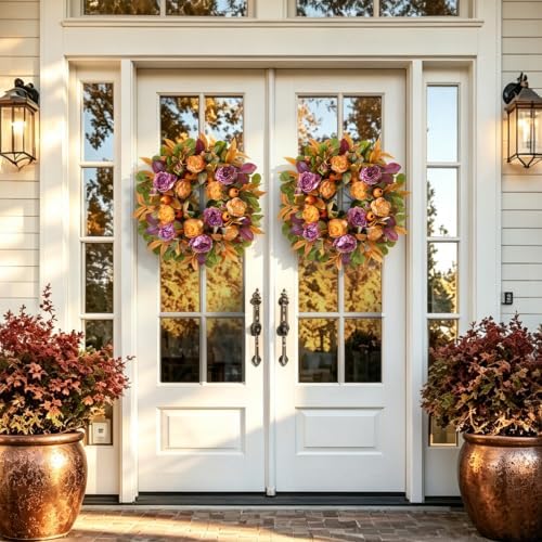 24 Inch Harvest Fall Wreath for Front Door Outside with Orange Purple Peony - Image 2