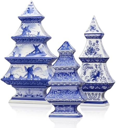 Soaoo 3 Pcs Blue and White Christmas Ceramic Figurines Decor, Xmas Tree by Soaoo