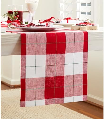 Solino Home 100% Pure Linen Dining Table Runner Merry Plaid, 14 x 144 in - Image 2
