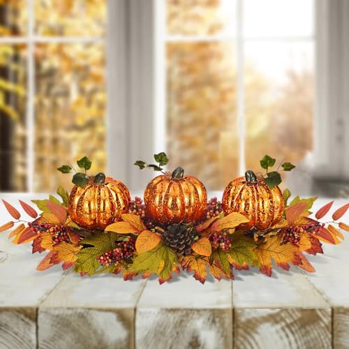 BAYN Fall Table Centerpiece with 3 Harvest Pumpkins, Lighted with Timer for Thanksgiving Table Decorations Centerpieces, Autumn Home Decor Battery Operated, 28 Inches - Image 2