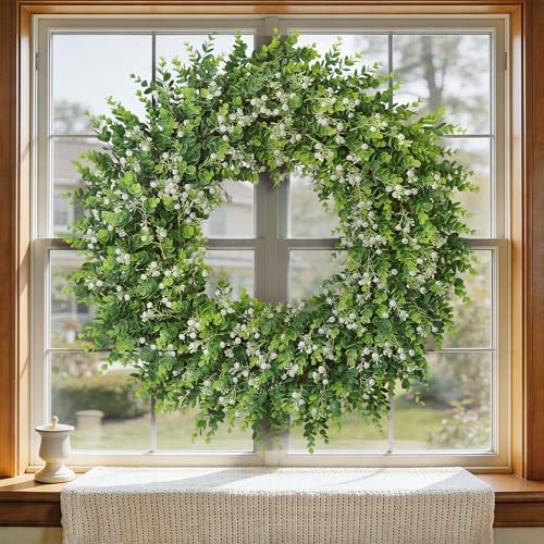 32" Artificial Eucalyptus Wreath with Flowers for Front Door (White-Green) - Image 4
