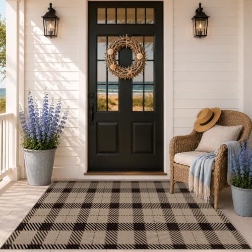 JTJ Outdoor Rug 3x5 for Front Porch, Washable Easy Jute Indoor Outdoor Rug, Non Slip Entryway Area Rug for Patio, Kitchen, Balcony, Farmhouse Black & Tan Plaid Rug by JTJ