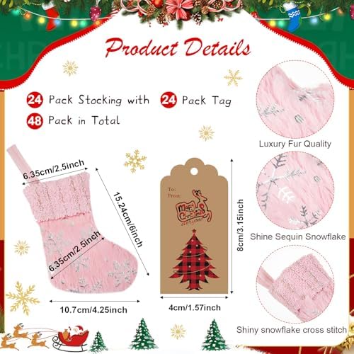 24 Set Mini Pink Christmas Stockings with Gift Tags Bells - Image 2