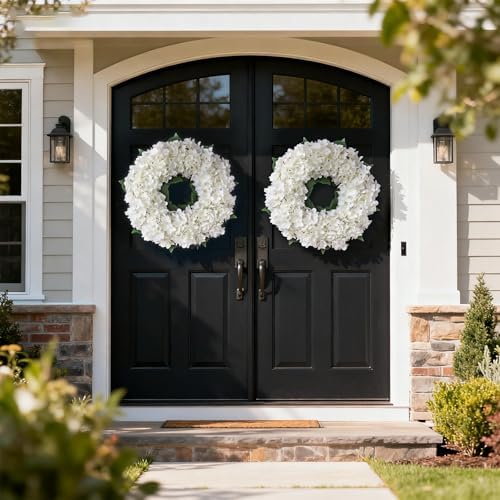 21" Artificial Hydrangea Flower Wreath for Front Door Decor (White) - Image 3