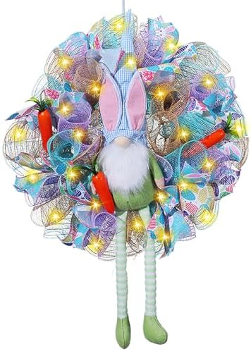 Easter Wreaths for Front Door with Lights,Easter Door Wreath,Easter Mesh Wreath,Bunny Spring Colorful Easter Decorations Holiday Ornament for Home Indoor Outdoor Supplies (Blue Long Leg) by YOUDRN