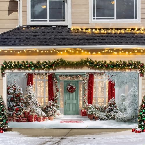 Christmas Garage Door Banner – Snowy Holiday Scene with Red Curtains, Decorated Trees & Gift Boxes – Outdoor Christmas Decoration by THISFIND
