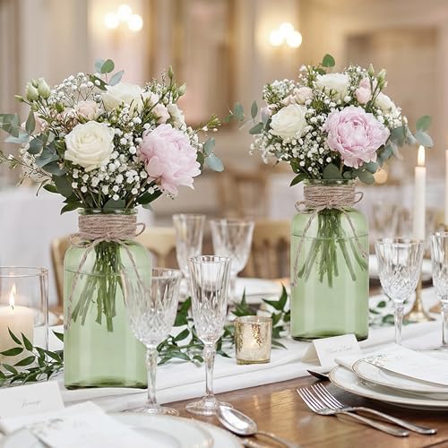 6 Pack Mason Jar Vases for Centerpieces, Green Glass Flower Vase - Image 4