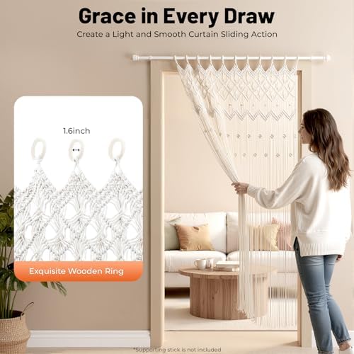 Macrame Curtains for Windows, 47.2''W x 76.8''L Macrame Curtain Wall Hanging Handmade Boho Curtains with Wooden Ring, Handmade Boho Wedding Backdrop Curtain - Image 3