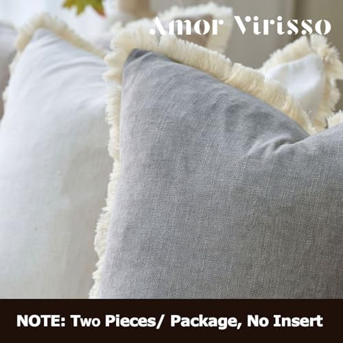Amor Virisso Fringe Throw Pillow Covers 20x20 Set of 2 Boho Neutral Farmhouse Decorative Pillow Covers with Tassels for Couch Sofa Bed, Light Grey - Image 5