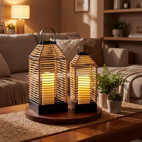 Baquler Natural Rattan Wicker Lantern Set of 2, Boho Handwoven - No Candles - Image 5