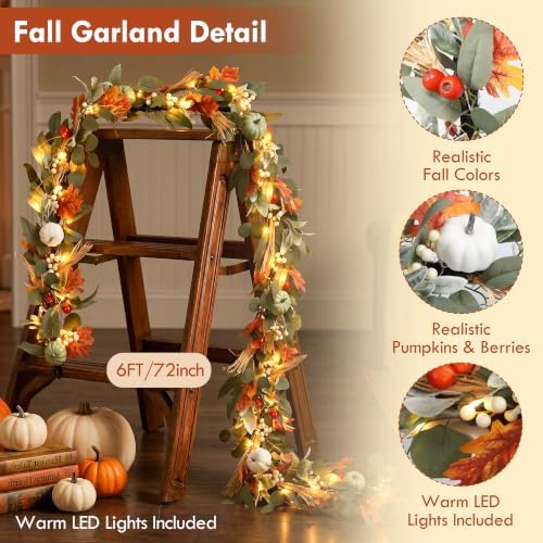 6FT Fall Garland with LED Lights for Mantel Fireplace Autumn Decor - Image 2