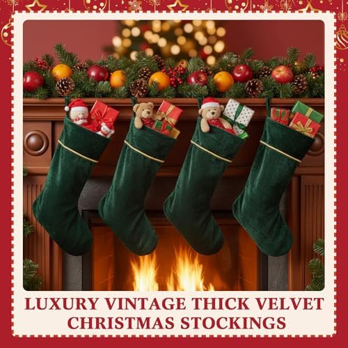 Ganeen 4 Pcs 18 in Velvet Christmas Stockings Hanging Stocking, Dark Green - Image 2