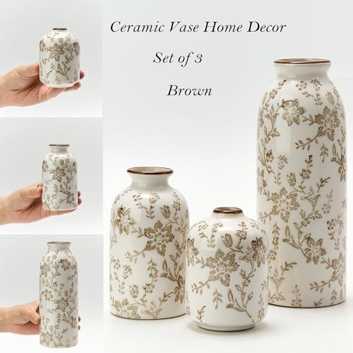 Ceramic Flower Decorative Antique Vase Set of 3, Vintage Rustic Chinoiserie Floral Vase for Home Decor, Living Room, Bookshelf, Office, Entryway, Garden, Chinoiserie Decor, Tuscan Decor - Image 3