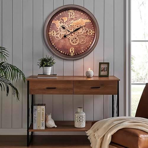 CLXEAST 24 Inch Moving Gear Wall Clock for Living Room,World Map Design - Image 6