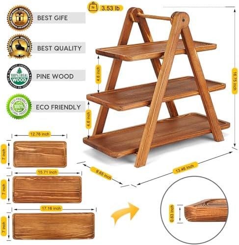 Manspdier Extra Large Wood 3 Tier Serving Tray Three Tiered Cupcake Stand, Rectangle Serving Platter Wooden Farmhouse Tiered Tray, Party Serving Brown Decorative Tray Decor - Image 2