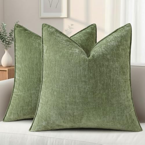 decorUhome Chenille Olive Green Velvet Throw Pillow Covers 26x26 Set of 2 by decorUhome