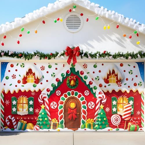 HunnmingRe 16 x 7ft Christmas Garage Door Cover, Gingerbread House by HunnmingRe