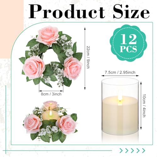 Yunlly 12 Pcs Rose Candle Rings with Candles Sets, Pink - Image 2