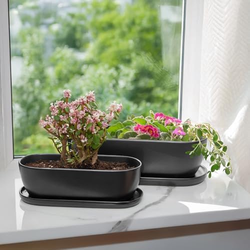 E-liu 11 Inch Oval Ceramic Planter Pot with Drainage Hole Saucers - Image 4
