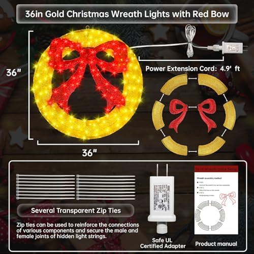 36 Inch Pre-lit Outdoor Christmas Wreath with Bow, Red Bow - Gold Wreath - Image 4