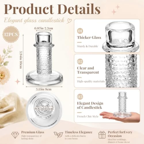 Mumufy 12 Pcs Glass Crystal Taper Candle Holders, 4 Inch Clear Glass Candlestick Holder Fit 0.8 Inch Candles, Crystal Decorative Candle Stand Centerpiece for Wedding, Dining Room, Party(Beads) - Image 2
