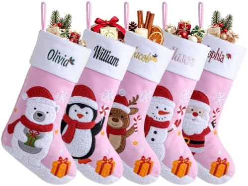 Personalized Christmas Stockings with Embroidered Name & Monogram,Custom Embroidered Pink Christmas Stocking,Santa,Snowman & Reindeer Stocking for Family & Fireplace Holiday Decor(4 Pack) by Infiher