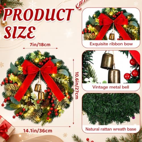 Knitgrip Red Velvet Ribbon Pre-Lit Christmas Wreaths for Front Door - Image 2