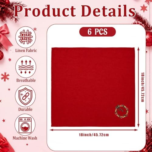 SmoothNovelty 6 Pcs Christmas Wreath Cloth Napkins Xmas Embroidery Linen - Image 2