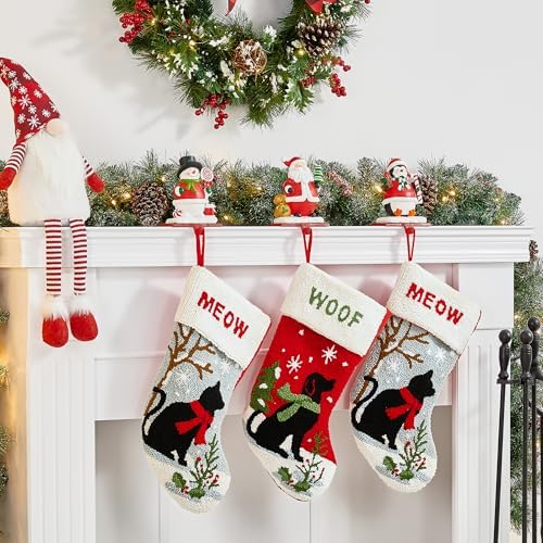 Glitzhome Christmas Stocking Holders, Set of 3 Santa Snowman Penguin Mantel Decor with Weighted Base, Festive Jack-in-The-Box Design for Fireplace, Holiday Sock Hangers - Image 3