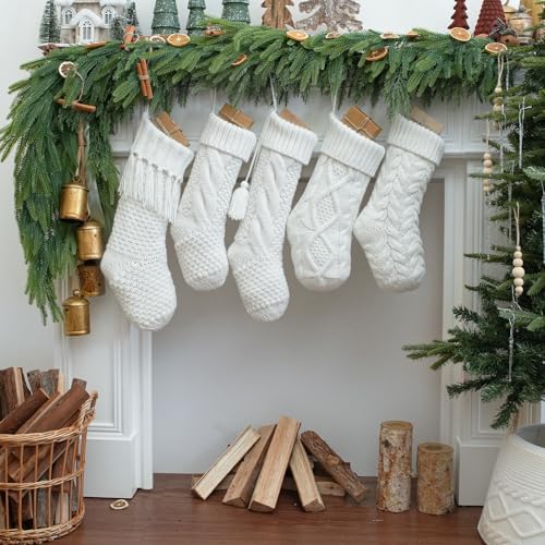 steo spce 5 Pack White Farmhouse Christmas Stockings – Rustic Boho Vintage Cable Knit Set, Includes 3 Small 15” and 2 Large 18” Knitted Stockings for Fireplace Mantel Hanging Holiday Décor - Image 3
