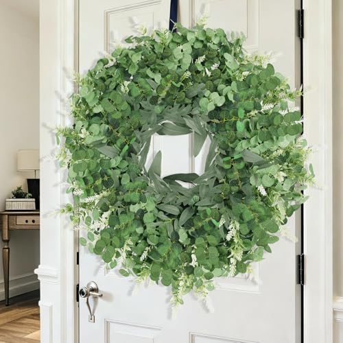 26" Large Eucalyptus Wreath for Front Door Spring Summer Greenery All Season Green Year Round Artificial Eucalyptus Leaves Wreath for Porch Farmhouse Home Wall Window Outdoor Indoor Decorations - Image 4